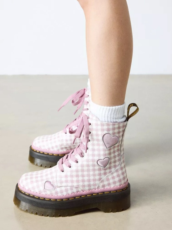 Dr. Martens Shoes - NIB Dr Doc Marten JADON HEART Gingham Leather Platform Boots White Dusty Rose